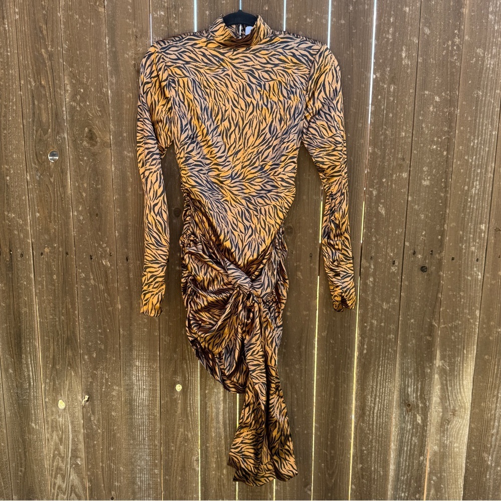 Likely Tiger Print Mini Dress Size 00 Long Sleeve Tie Waist Ruched - Picture 1 of 6